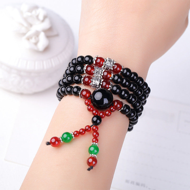 Bracelet Mala 108 perles en obsidienne noire naturelle œil de tigre Buddha Stones