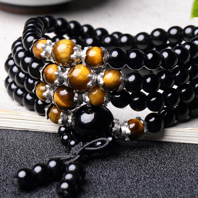 Bracelet Mala 108 perles en obsidienne noire naturelle œil de tigre Buddha Stones