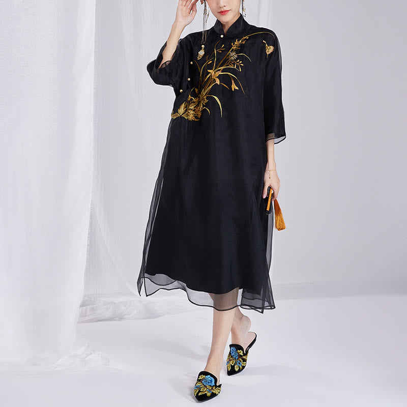 Robe qipao vintage en soie de Buddha Stones 100 % 6 momme avec broderie de fleurs et de papillons pour femme