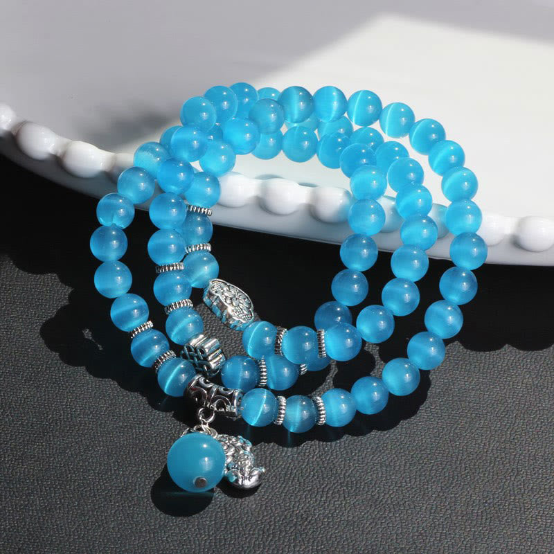 Bracelet triple tour de soutien PiXiu œil de chat en Buddha Stones