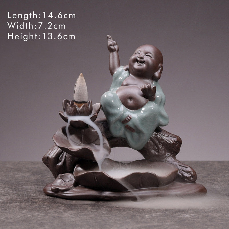 Brûleur d'encens en céramique avec bénédiction de lotus et petit moine en Buddha Stones