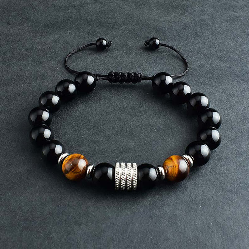 Bracelet de force et d'accomplissement en obsidienne noire naturelle œil de tigre Buddha Stones
