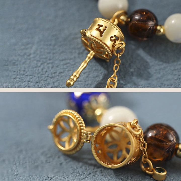 Buddha Stones Encens tibétain Cendres Verre Liuli Pierre Tridacna Pierre de Soleil Om Mani Padme Hum Bracelet à breloques pour roue de prière