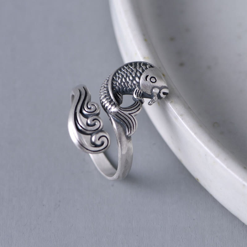 Bague en argent sterling 925 Buddha Stones et poisson koï