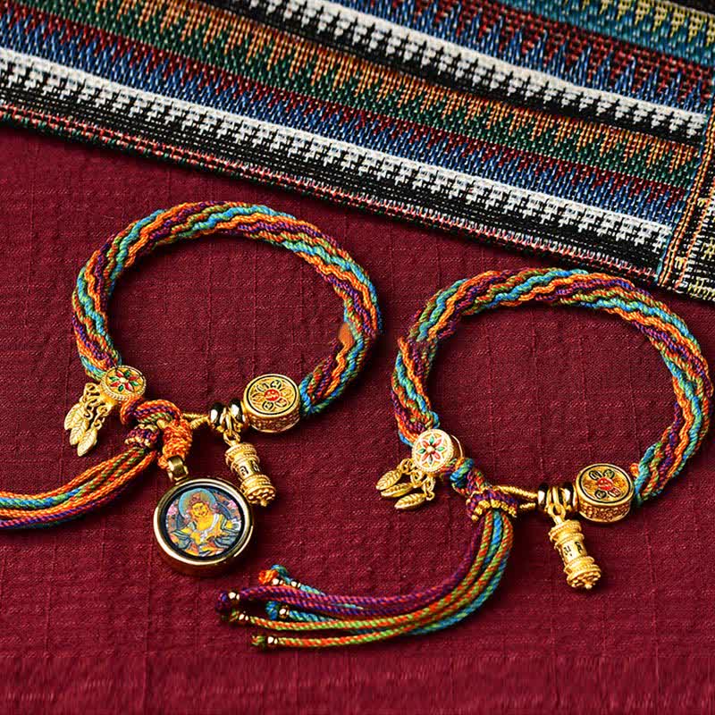 Bracelet tressé en Buddha Stones avec nœud de réincarnation et roue de prière, attrape-rêves