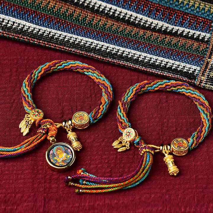 Bracelet tressé en Buddha Stones avec nœud de réincarnation et roue de prière, attrape-rêves