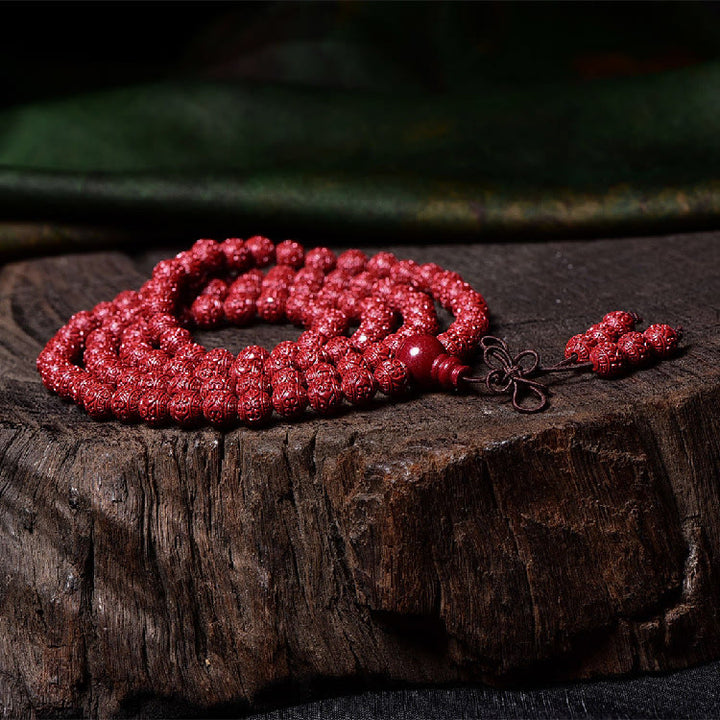 Bracelet de bénédiction gravé avec 108 Buddha Stones de Mala en cinabre et motif Om Mani Padme Hum - image 3