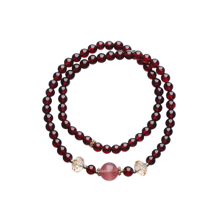 Bracelet double tour en quartz fraise et grenat naturel plaqué or 14 carats de Buddha Stones