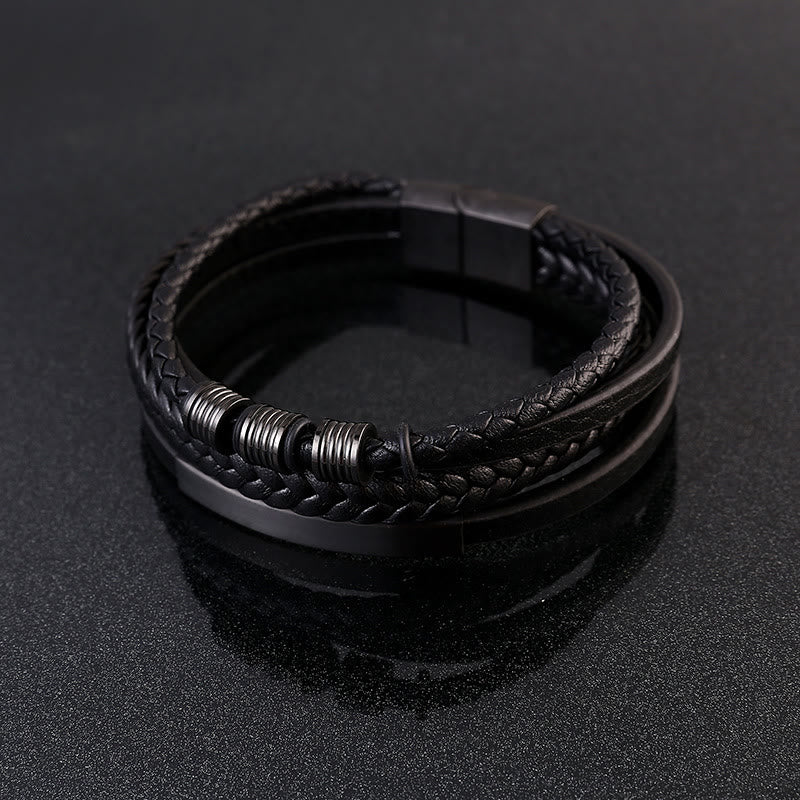 Bracelet en cuir multicouches avec boucle magnétique tressée en acier titane et Buddha Stones