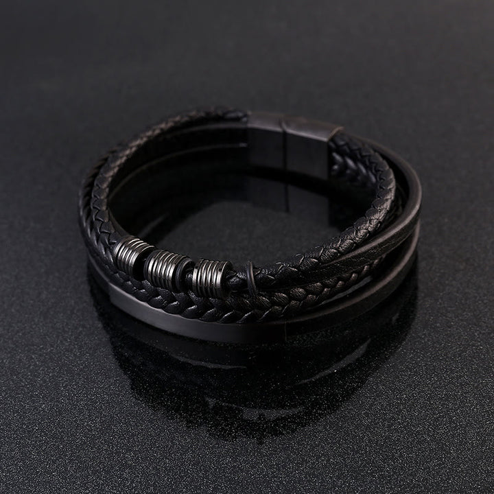 Bracelet en cuir multicouches avec boucle magnétique tressée en acier titane et Buddha Stones