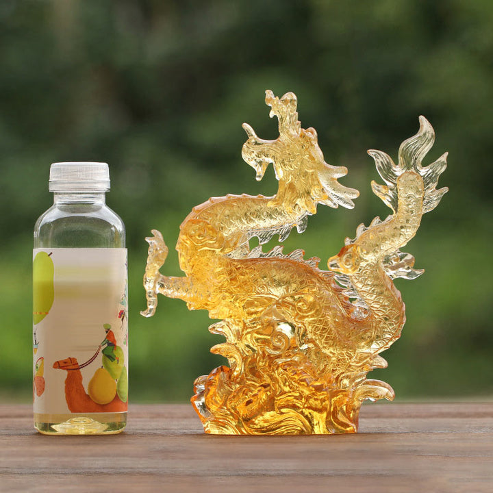 Buddha Stones faites à la main, zodiaque chinois, dragon jaune, cristal Liuli, pièce d'art, protection de la chance, décoration de bureau à domicile