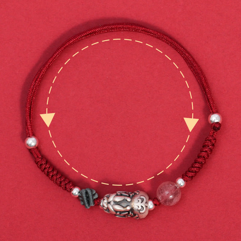 Bracelet tressé en argent sterling 999 avec perles de quartz fraise PiXiu de Buddha Stones pour la richesse et la chance