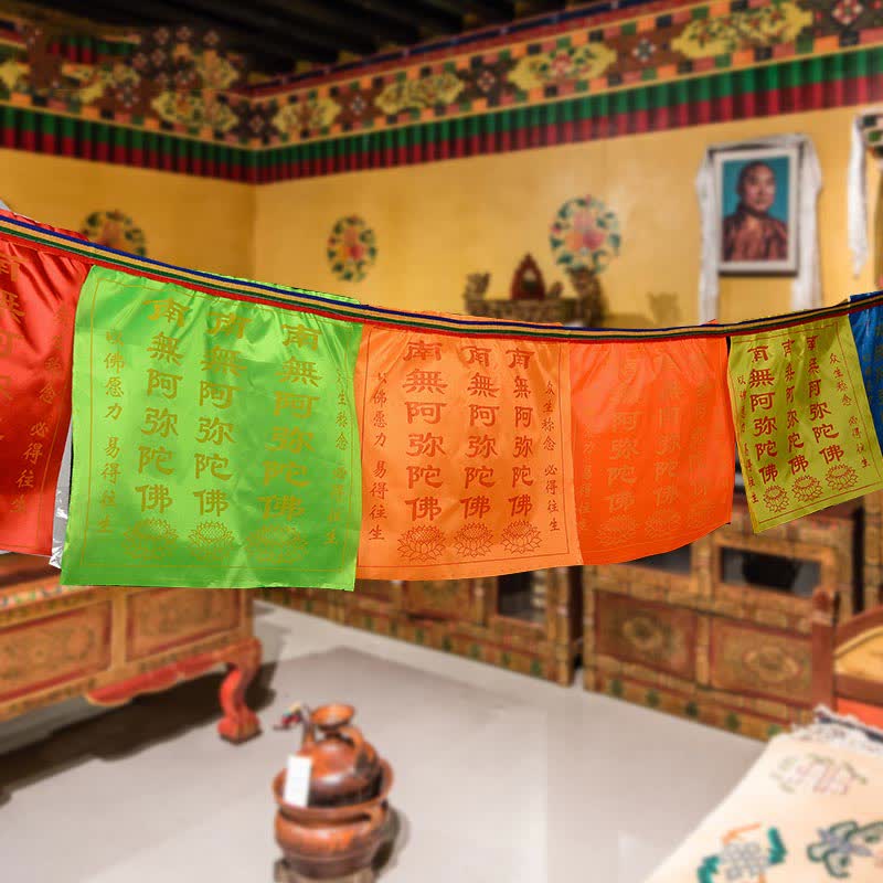 Buddha Stones Drapeau de prière tibétain à 7 couleurs, symbole du cheval du vent et du lotus, pour l'extérieur (21 pièces). - image 1