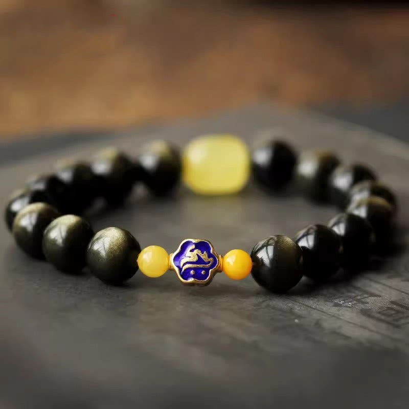 Bracelet de protection de richesse en obsidienne et ambre en argent sterling 925 avec Buddha Stones et zodiaque chinois - image 1