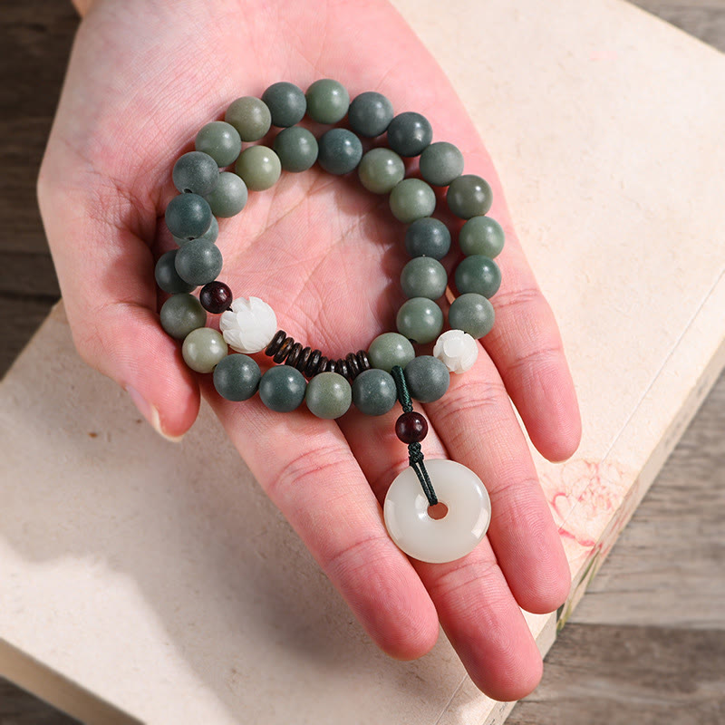 Bracelet double tour en jade et pierre de Buddha Stones avec boucle de paix et sagesse