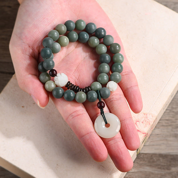 Bracelet double tour en jade et pierre de Buddha Stones avec boucle de paix et sagesse