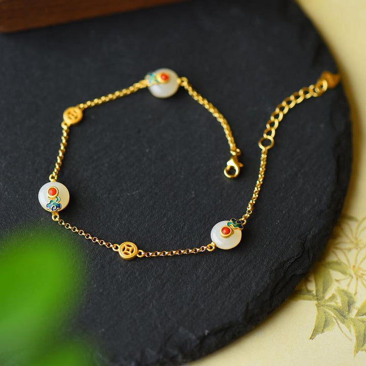 Bracelet porte-bonheur en cuivre et jade blanc avec boucle de paix et Buddha Stones