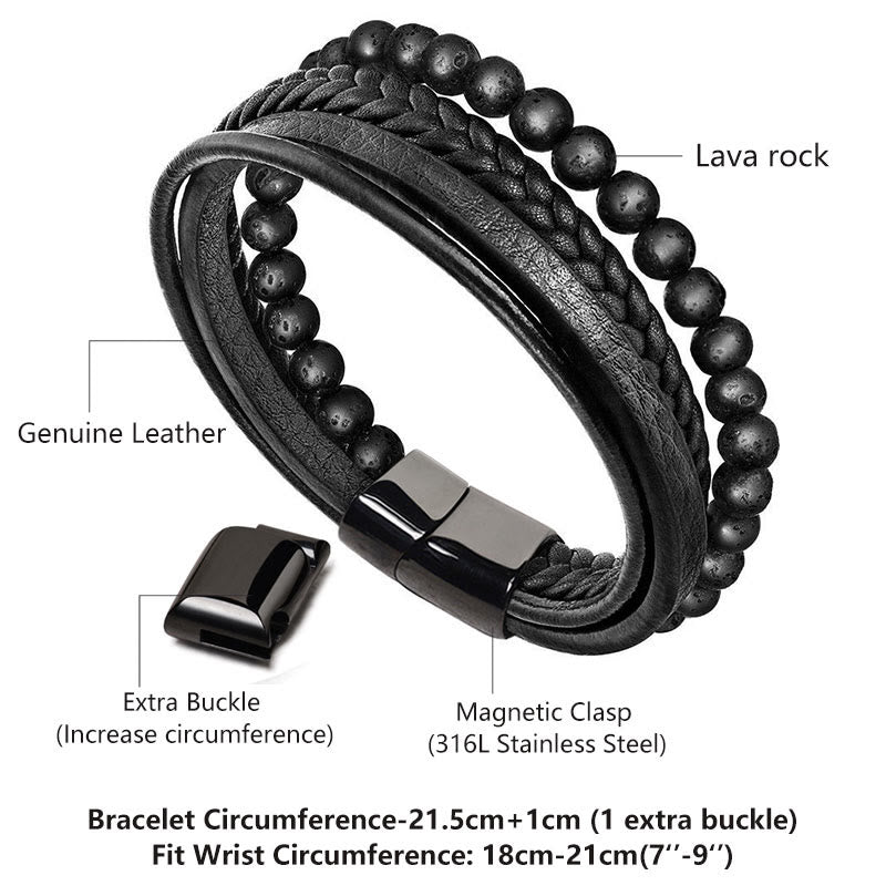 Bracelet en cuir avec perles en pierre de lave naturelle et onyx noir Buddha Stones