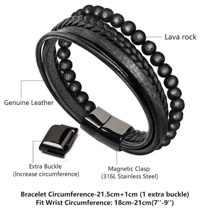 Bracelet en cuir avec perles en pierre de lave naturelle et onyx noir Buddha Stones