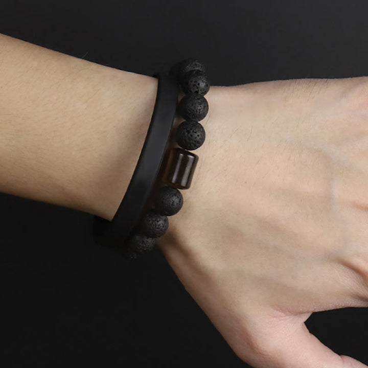 Bracelet de guérison en pierre de lave et bois d'ébène avec œil de tigre