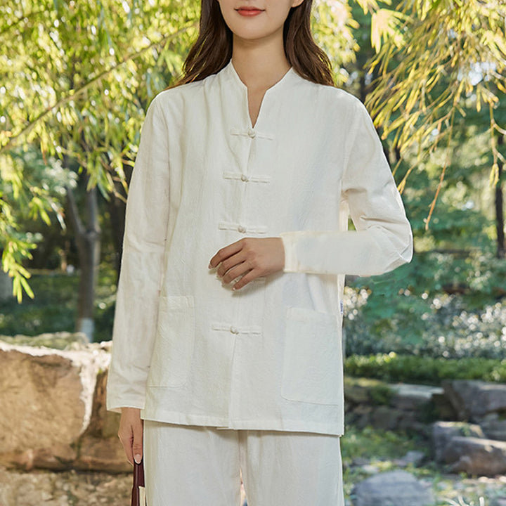 Buddha Stones Spirituelle Zen Pratique Yoga Méditation Prière Uniforme Coton Lin Vêtements Ensemble Femme - Blanc - US18，UK/AU22，EU50 (6XL) - image 16
