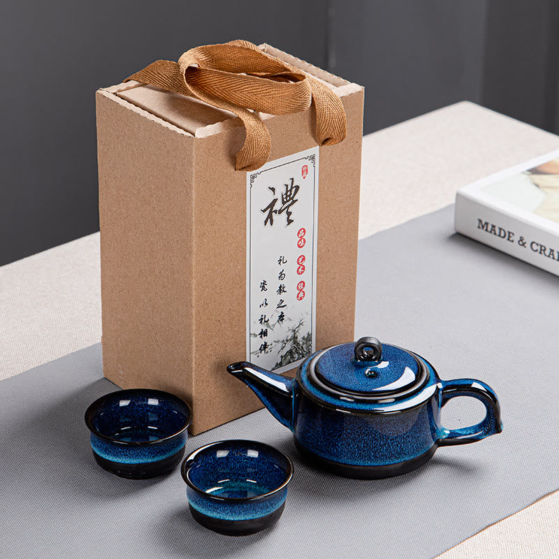Coffret cadeau portable avec théière en céramique et théière chinoise Gongfu en dégradé de couleurs bleues et Buddha Stones - Boîte contenant 1 théière et 2 tasses - image 1