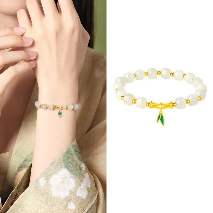 Bracelet porte-bonheur en argent sterling 925 et jade blanc Hetian en bambou Buddha Stones