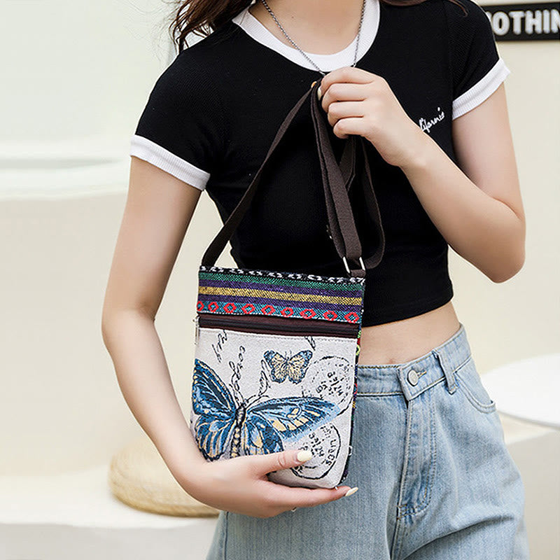 Sac fourre-tout en toile brodé Buddha Stones Elephant Butterfly Sac à bandoulière Sac à bandoulière