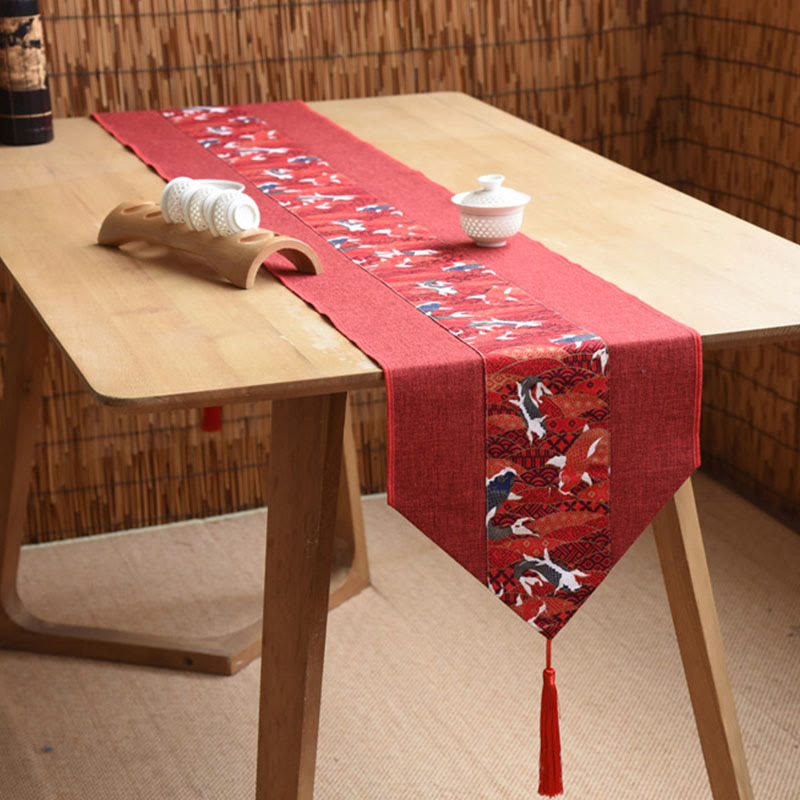 Chemin de table en coton et lin avec pompons, Buddha Stones, style chinois classique, lotus, poisson koï, fleur, grue, calligraphie, illumination