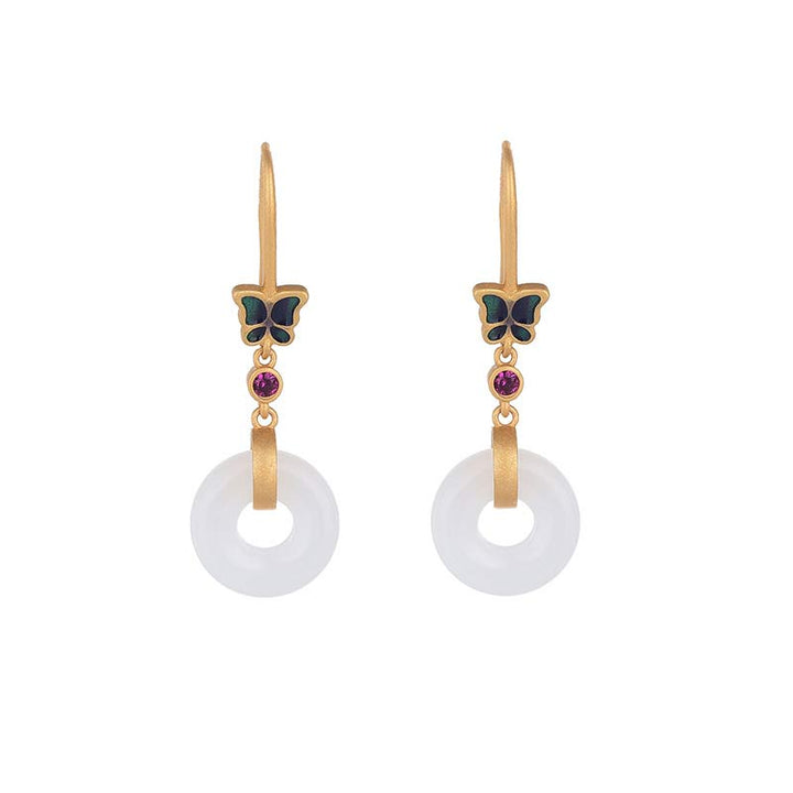 Boucles d'oreilles porte-bonheur papillon en jade blanc Feng Shui