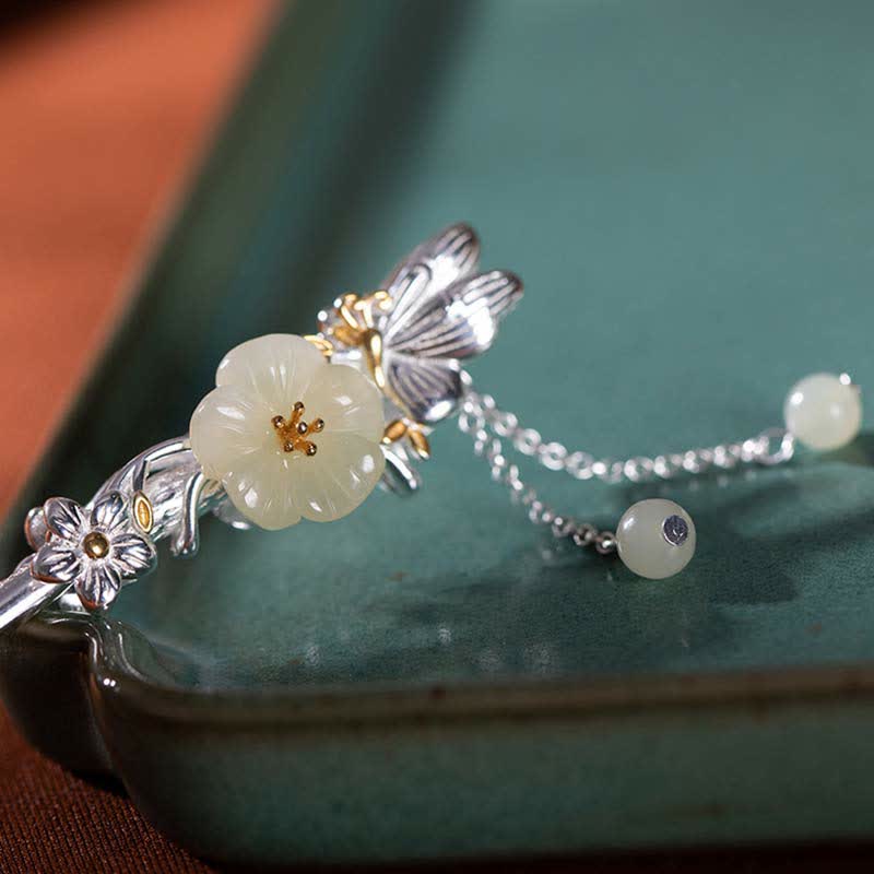 Épingle à cheveux en argent sterling 925 avec fleur de jade blanc Hetian