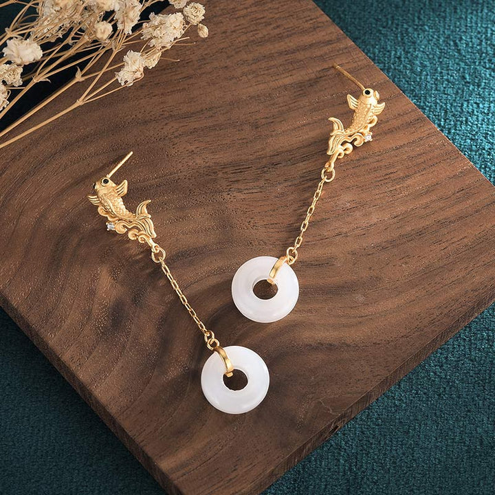 Boucles d'oreilles porte-bonheur en jade blanc Koi FengShui Buddha Stones
