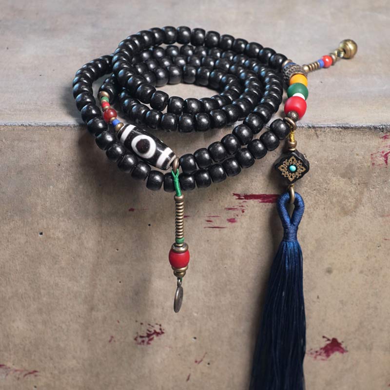 Buddha Stones Mala 108 perles en bois d'ébène et perles Dzi en cuivre avec pampilles et équilibre