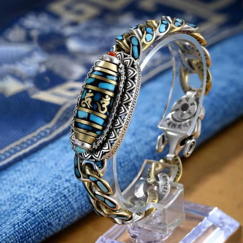 Bracelet de protection rotatif Buddha Stones à neuf yeux en perles dzi Om Mani Padme Hum Turquoise - Om Mani Padme Hum (Amour♥ Focus) - 22 cm pour un tour de poignet de 20 cm - image 3