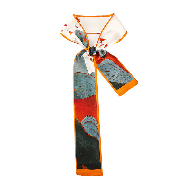 Foulard pour cheveux en soie 100 % mûre avec Buddha Stones, fresques de Dunhuang, montagnes, coucher de soleil, motif floral