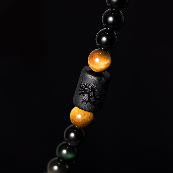 Bracelet Mala en obsidienne noire naturelle avec Buddha Stones et gourde arc-en-ciel