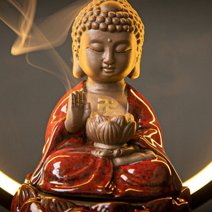 Buddha Stones Bouddha Lotus Fontaine à fumée à refoulement Brûleur d'encens de bénédiction en céramique avec décoration lumineuse