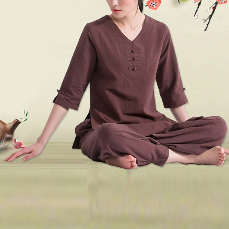 Ensemble de vêtements en coton et lin Buddha Stones , yoga, méditation, prière, col en V, pratique zen, pour femmes