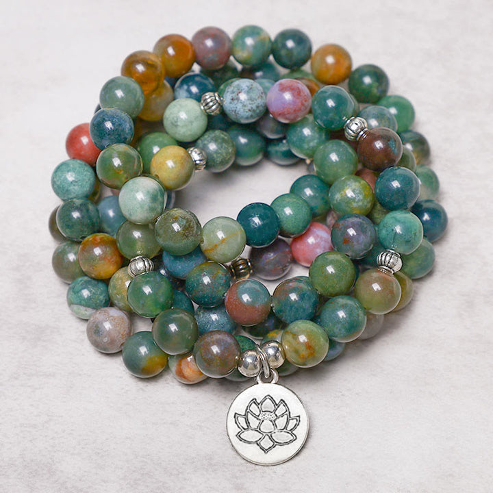 Bracelet Mala 108 Buddha Stones en agate indienne avec lotus OM Bouddha Arbre de vie et calme positif