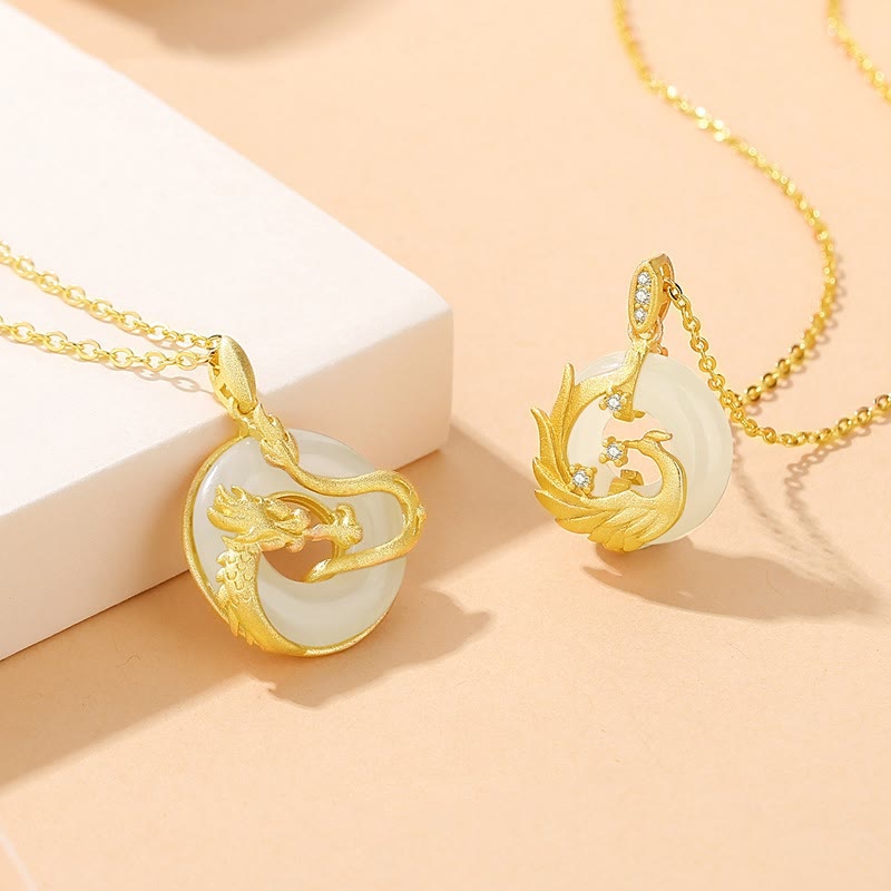 Collier pendentif porte-bonheur en argent sterling 925 avec Buddha Stones et jade Hetian de l'année du dragon et du phénix doré - image 1