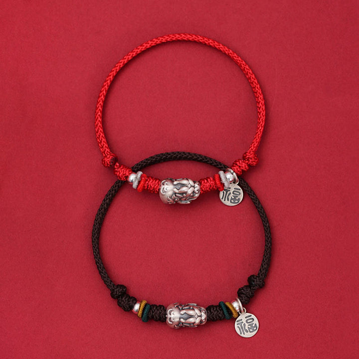 Bracelet tressé fait main en argent sterling 925 avec Buddha Stones et personnage PiXiu Fu