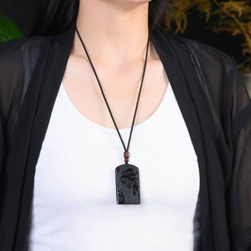 Collier avec pendentif dragon et phénix en obsidienne noire - image 3