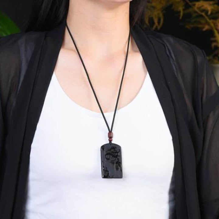 Collier avec pendentif dragon et phénix en obsidienne noire - image 3