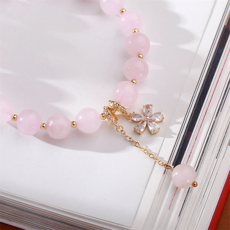 Bracelet d'amour en cristal rose naturel avec fleur de prunier