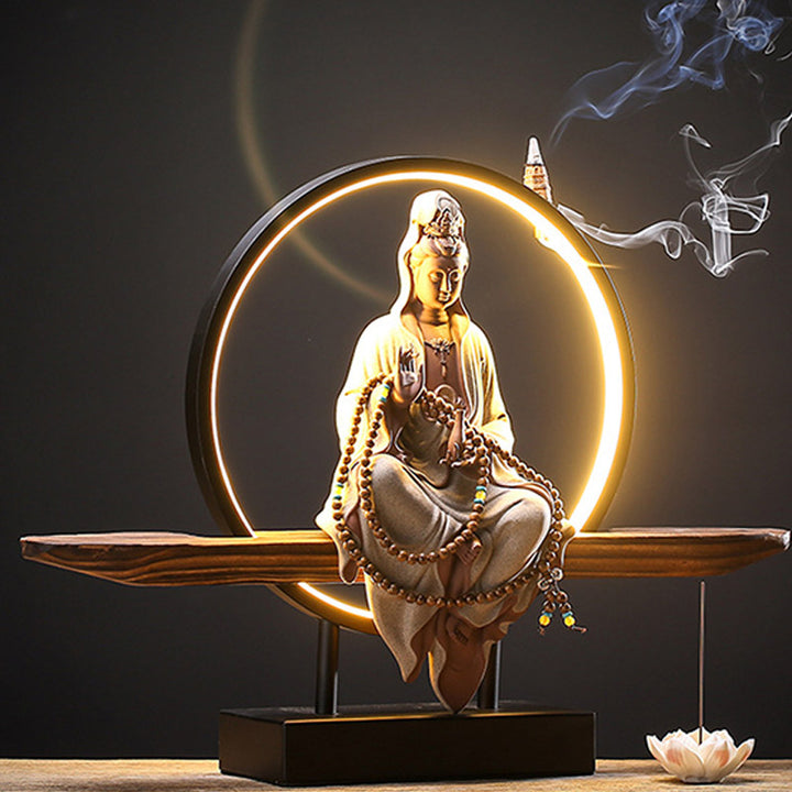 Buddha Stones Bouddha Avalokitesvara Céramique Lotus Relaxation Brûleur d'encens Décoration