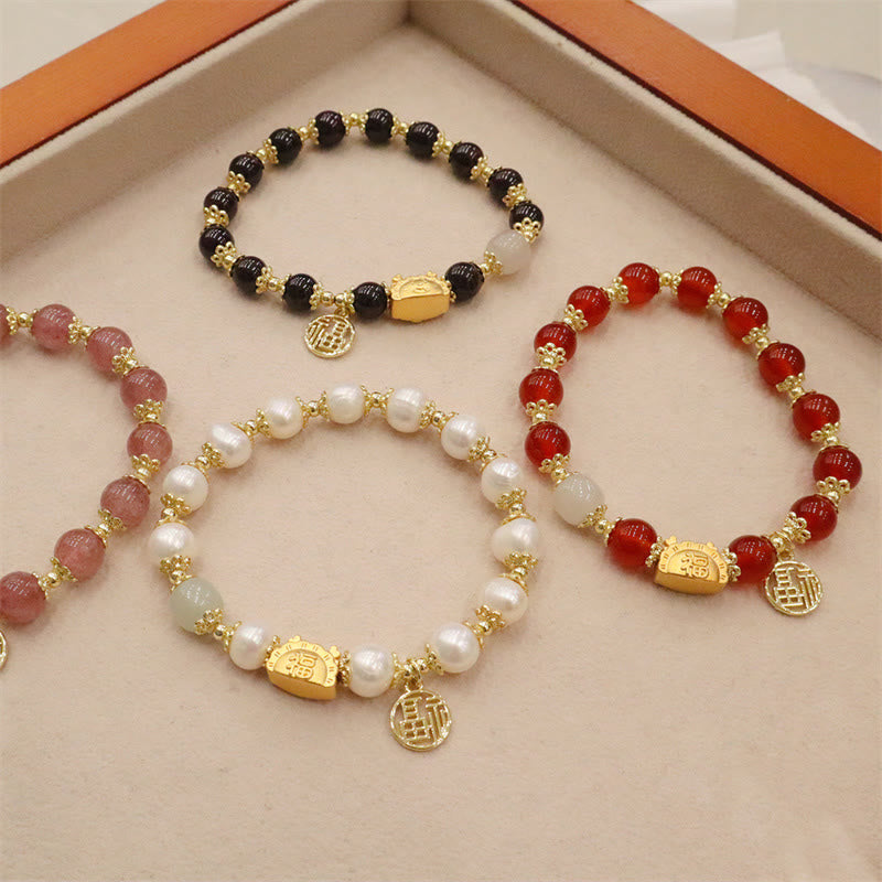 Buddha Stones Année du Dragon Agate Rouge Quartz Fraise Obsidienne Noire Jade Grenat Perle Cinabre Dumpling Dragon Luck Fu Bracelet Caractère