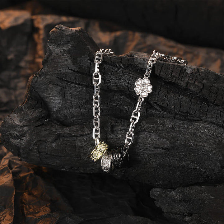 Collier avec pendentif en chaîne énergétique porte-bonheur en argent sterling 925 avec Buddha Stones et motif floral rétro de la dynastie Tang