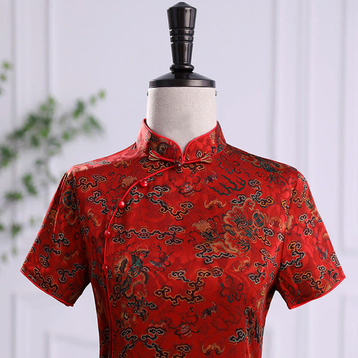 Robe Qipao pour femme avec imprimé feuilles et nuages de bon augure vintage et Buddha Stones