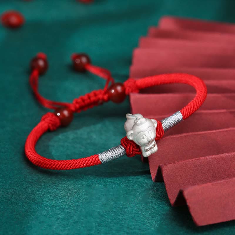 Bracelet en argent sterling 999 avec Buddha Stones et signe du zodiaque chinois, cordon rouge, force et chance