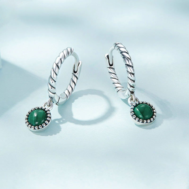 Boucles d'oreilles pendantes anti-anxiété en argent sterling 925 avec malachite ronde - image 1